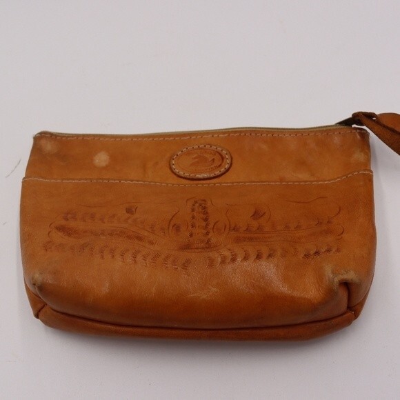 Vintage Sergios Collection Small Leather Zipper Pouch Bag Natural Tooled Leather - Picture 8 of 14